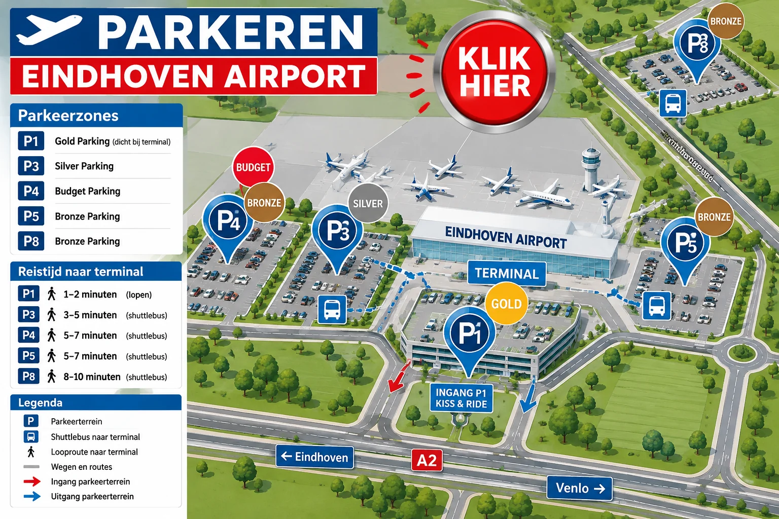 Parkeerkaart Eindhoven Airport met parkeerplaatsen rondom de terminal