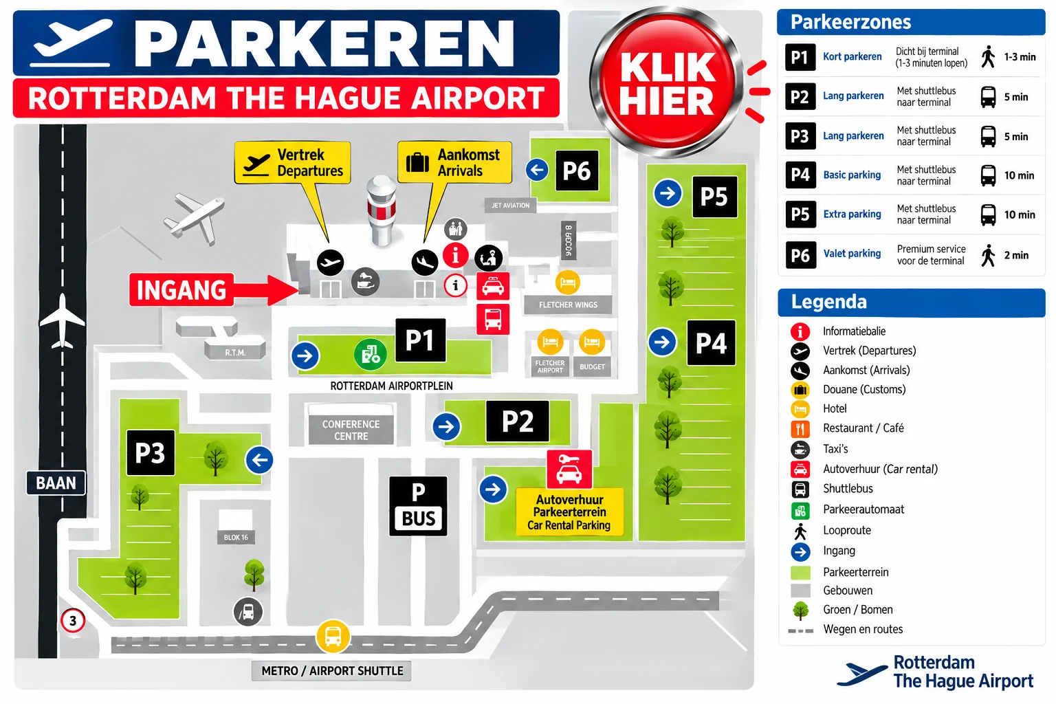 Plattegrond parkeren Rotterdam Airport met parkeerplaatsen rond Rotterdam The Hague Airport