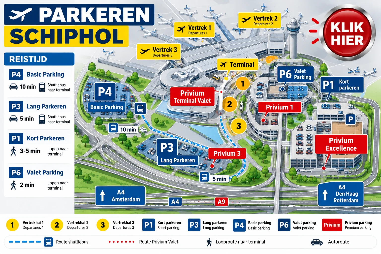 Plattegrond parkeren Schiphol met parkeerlocaties rondom de luchthaven